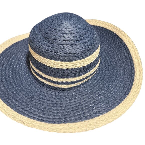 Blue & White Woven Wide Brim Beach Hat / Summer Hat - Picture 1 of 6